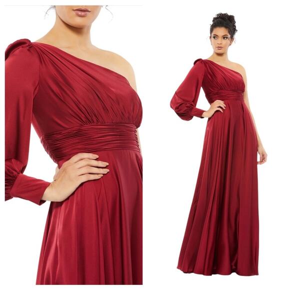 NWT IEENA for MAC DUGGAL 67866 Burgundy One Shoulder Bishop Sleeve Flowy Gown - Picture 1 of 12